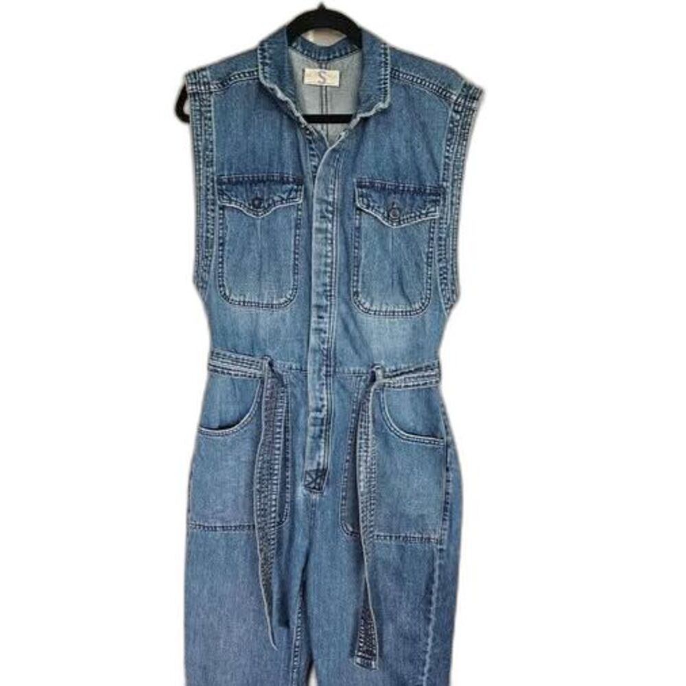 We The Free Sleeveless Denim Blue Jeans Jumpsuit Tie Waist Free People Sydney S